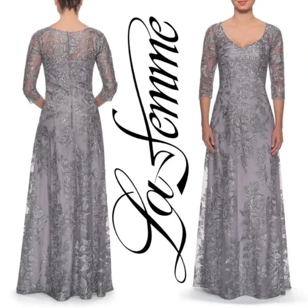 NEW, La Femme,‎ Floral Embroidered Mesh A-Line Gown